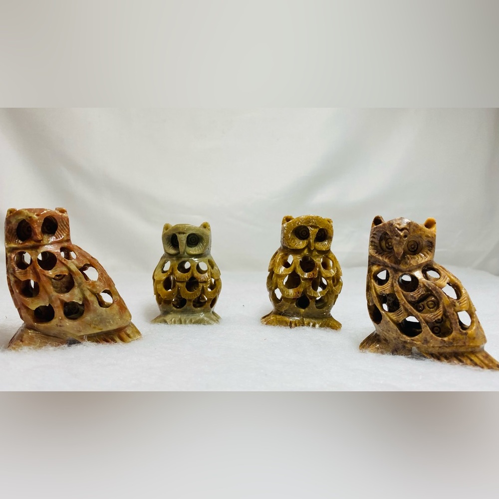 Vintage SET OF 4 Hand Carved Soapstone Owl Inside An Owl Figurine Statue 2.75".
